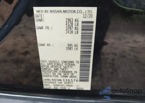 2021 Nissan Altima Sv Fwd из США, поврежденный, VIN 1N4BL4DV5MN336576